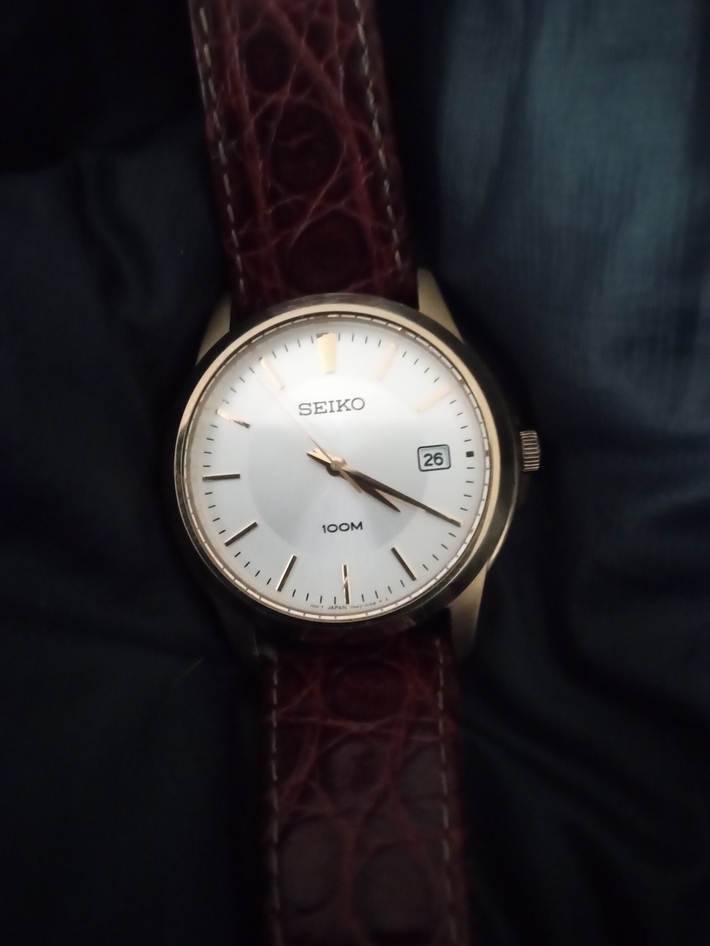 Seiko Classic Gold-Tone Watch with White Dial and Brown Leather Strap